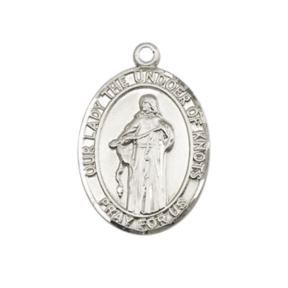 Everlasting Light Jewelry Medium Men's Pewter Our Lady of Knots Medal Pendant on 24 Inch Endless Rhodium Plated Heavy Curb Brass Chain, Catholic Religious Necklace - Made in USA- Deluxe Velvet Gift Box