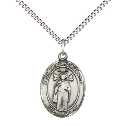 Everlasting Light Jewelry Medium Women's .925 Sterling Silver Saint St. Ivo Pendant Necklace on 18- inch Rhodium- Plated Lite Curb Brass Chain, Catholic Medal – Velvet Gift Box Included – Patron Saint St. of Lawyers/Orphans