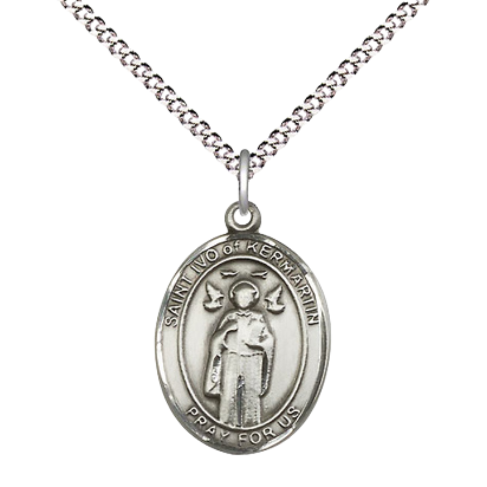 Everlasting Light Jewelry Medium Women's Pewter Saint St. Ivo Pendant Necklace on 18- inch Rhodium- Plated Lite Curb Brass Chain – Patron Saint St. of Lawyers & Orphans, Catholic Medal – Velvet Gift Box Included