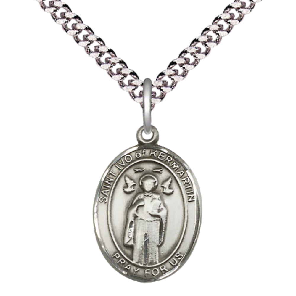 Everlasting Light Jewelry Medium Men's .925 Sterling Silver Saint St. Ivo Medal Pendant on 24 Inch Endless Rhodium Plated Heavy Curb Brass Chain, Catholic Religious Necklace - Made in USA- Deluxe Velvet Gift Box