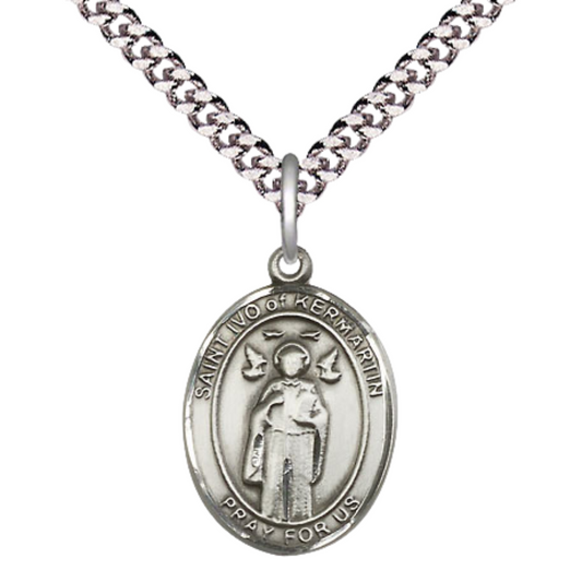 Everlasting Light Jewelry Medium Men's .925 Sterling Silver Saint St. Ivo Medal Pendant on 24 Inch Endless Rhodium Plated Heavy Curb Brass Chain, Catholic Religious Necklace - Made in USA- Deluxe Velvet Gift Box