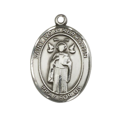 Mens Medium Oval Pewter Saint St. Ivo Medal Pendant on 24 Inch Rhodium Plated Heavy Curb Brass Chain with Lobster Claw Clasp, Catholic Religious Necklace - Made in USA- Deluxe Velvet Gift Box