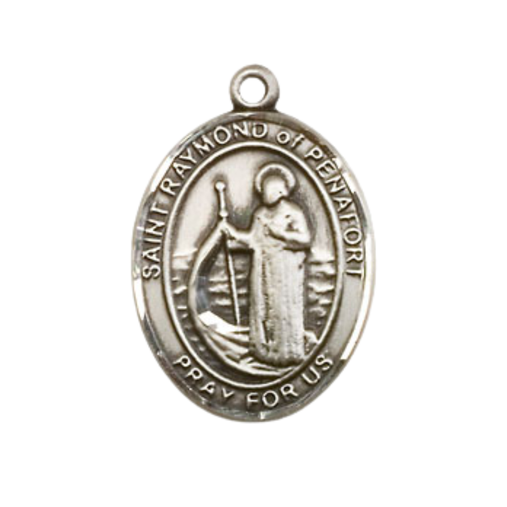 Medium Men's Pewter Saint St. Raymond of Penafort Medal Pendant on 24 Inch Endless Rhodium Plated Heavy Curb Brass Chain, Catholic Religious Necklace - Made in USA- Deluxe Velvet Gift Box