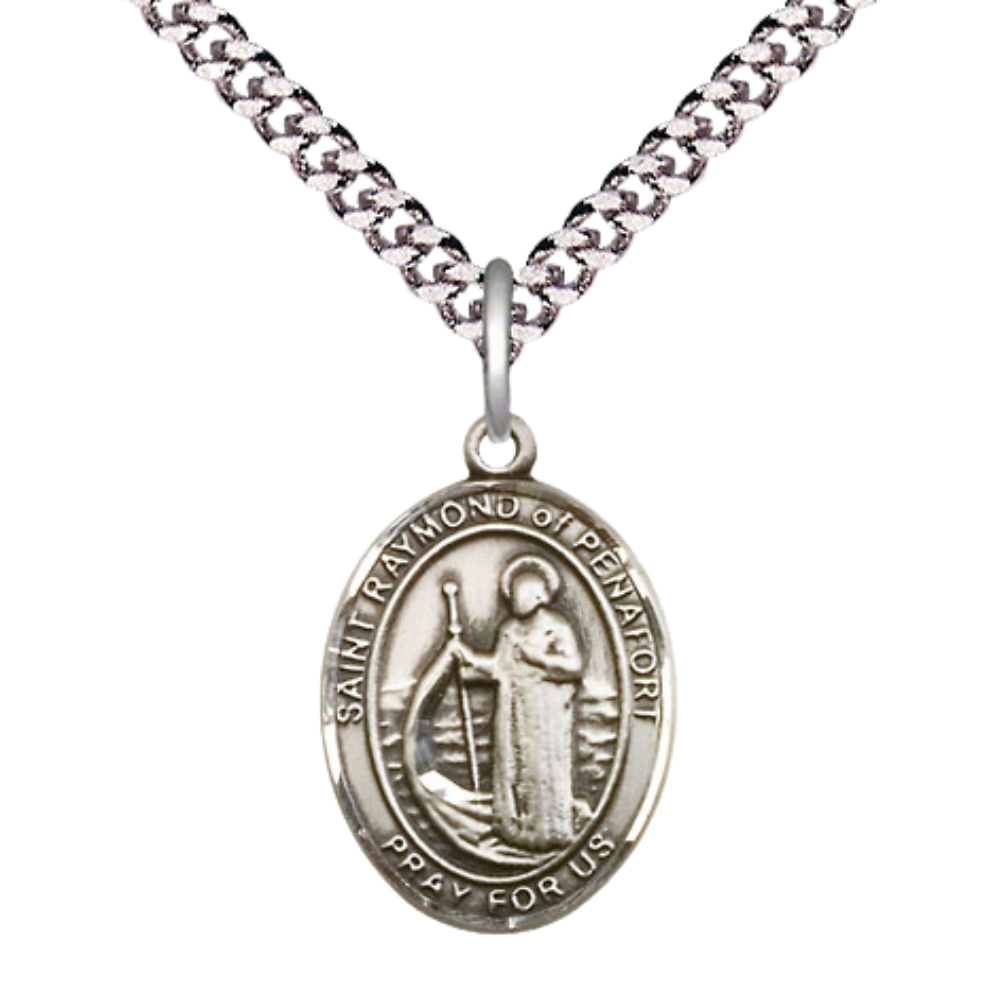 Medium Men's .925 Sterling Silver Saint St. Raymond of Penafort Medal Pendant on 24 Inch Endless Rhodium Plated Heavy Curb Brass Chain, Catholic Religious Necklace - Made in USA- Deluxe Velvet Gift Box