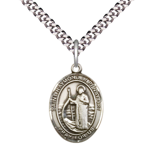 Medium Men's .925 Sterling Silver Saint St. Raymond of Penafort Medal Pendant on 24 Inch Endless Rhodium Plated Heavy Curb Brass Chain, Catholic Religious Necklace - Made in USA- Deluxe Velvet Gift Box