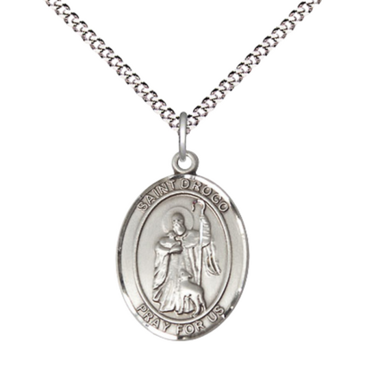 Everlasting Light Jewelry Medium Women's Pewter Saint Drogo Pendant Necklace on 18-inch Rhodium-Plated Lite Curb Brass Chain – Patron Saint of Coffee Houses & Deaf People – Velvet Gift Box Include