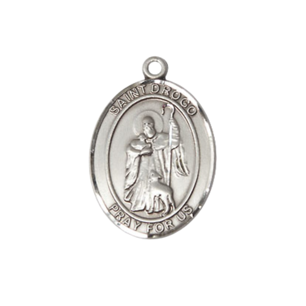 Everlasting Light Jewelry Medium Women's Pewter Saint Drogo Pendant Necklace on 18-inch Rhodium-Plated Lite Curb Brass Chain – Patron Saint of Coffee Houses & Deaf People – Velvet Gift Box Include