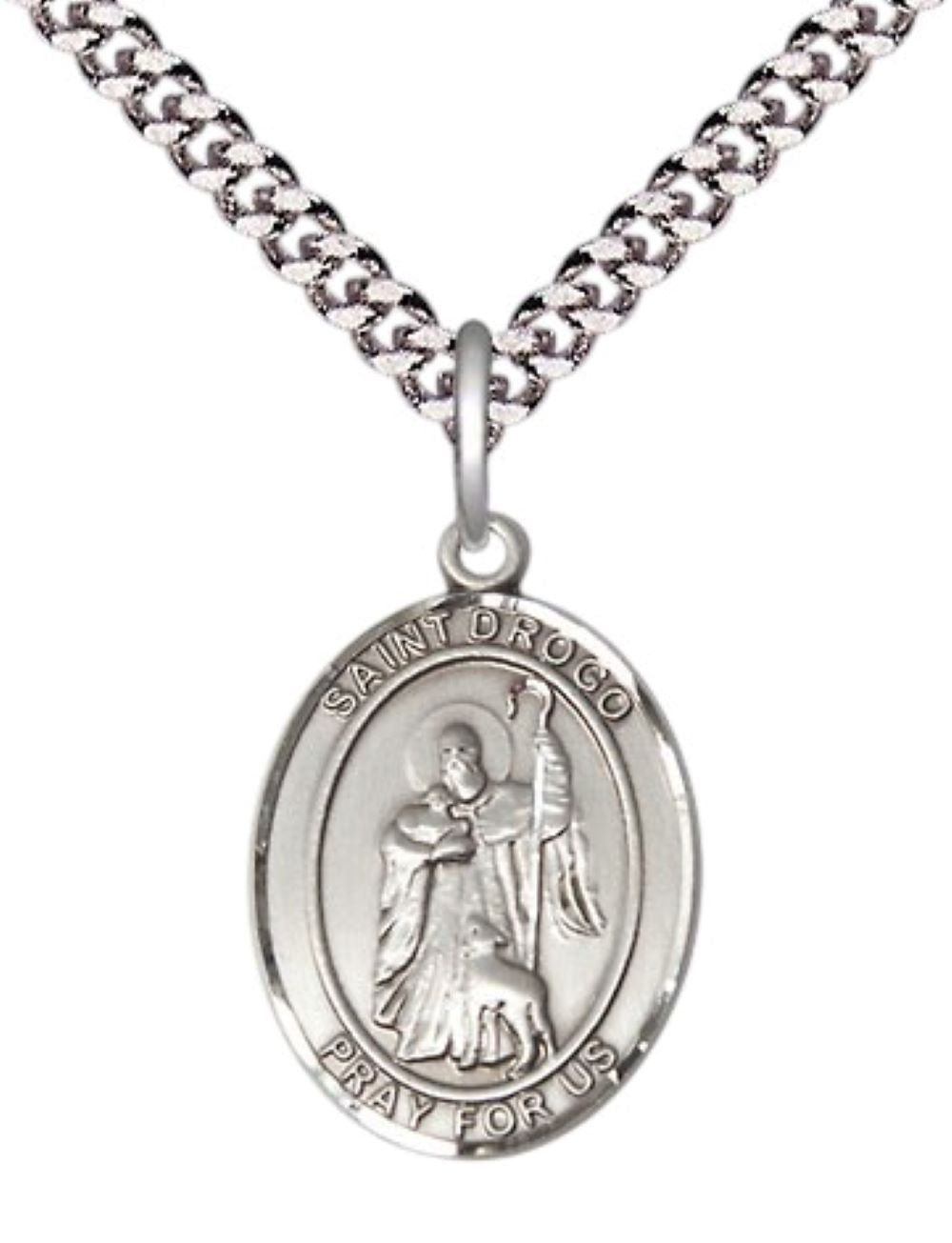 Medium Men's .925 Sterling Silver Saint St. Drogo Medal Pendant on 24 Inch Endless Rhodium Plated Heavy Curb Brass Chain, Catholic Religious Necklace - Made in USA- Deluxe Velvet Gift Box