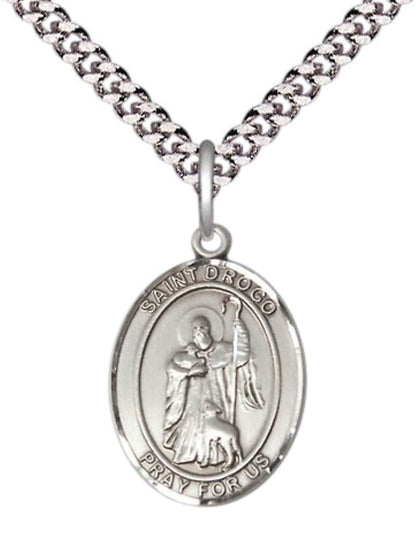 Medium Men's .925 Sterling Silver Saint St. Drogo Medal Pendant on 24 Inch Endless Rhodium Plated Heavy Curb Brass Chain, Catholic Religious Necklace - Made in USA- Deluxe Velvet Gift Box
