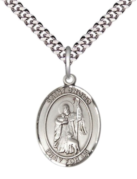 Medium Men's .925 Sterling Silver Saint St. Drogo Medal Pendant on 24 Inch Endless Rhodium Plated Heavy Curb Brass Chain, Catholic Religious Necklace - Made in USA- Deluxe Velvet Gift Box