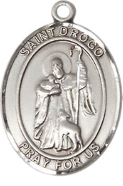 Mens Medium Oval Pewter Saint St. Drogo Medal Pendant on 24 Inch Rhodium Plated Heavy Curb Brass Chain with Lobster Claw Clasp, Catholic Religious Necklace - Made in USA- Deluxe Velvet Gift Box