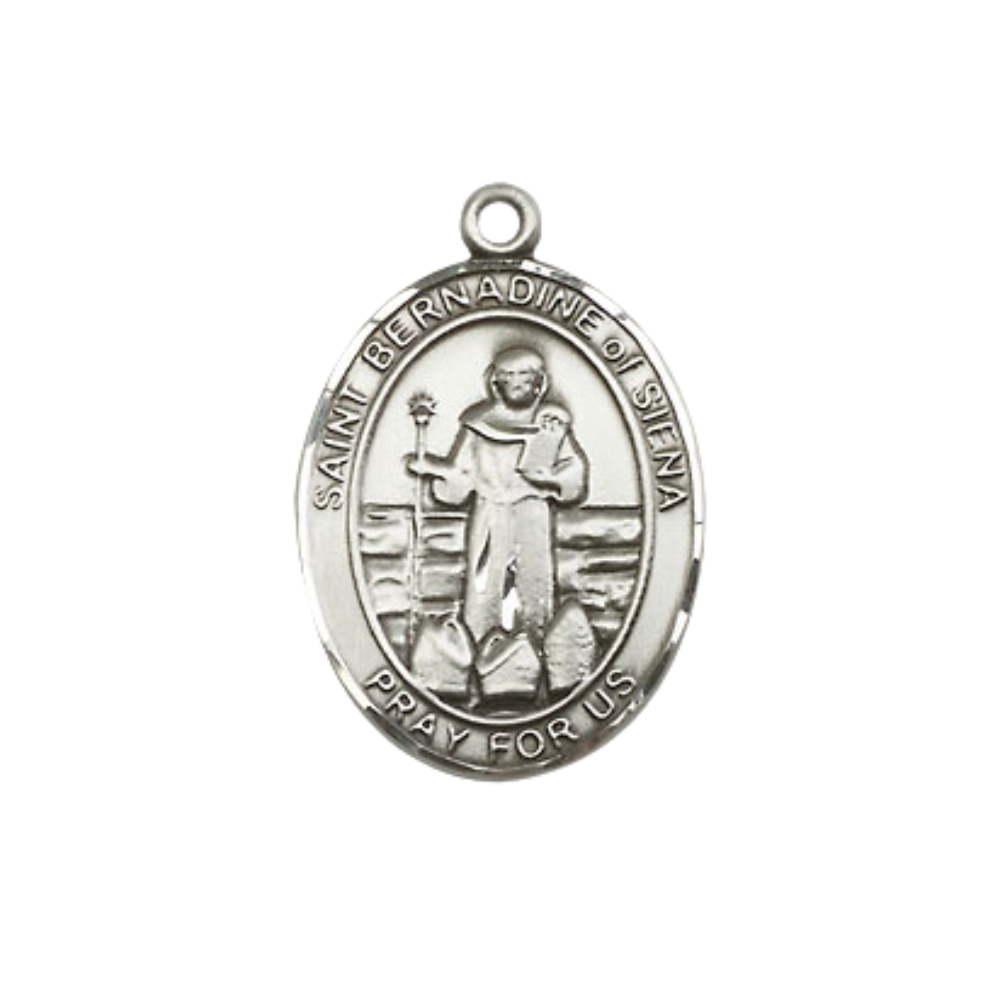 Medium Women's Pewter Saint St. Bernadine of Sienna Pendant Necklace on 18- inch Rhodium- Plated Lite Curb Brass Chain – Patron Saint St. of Advertising & Lung Problems, Catholic Medal – Velvet Gift Box Included