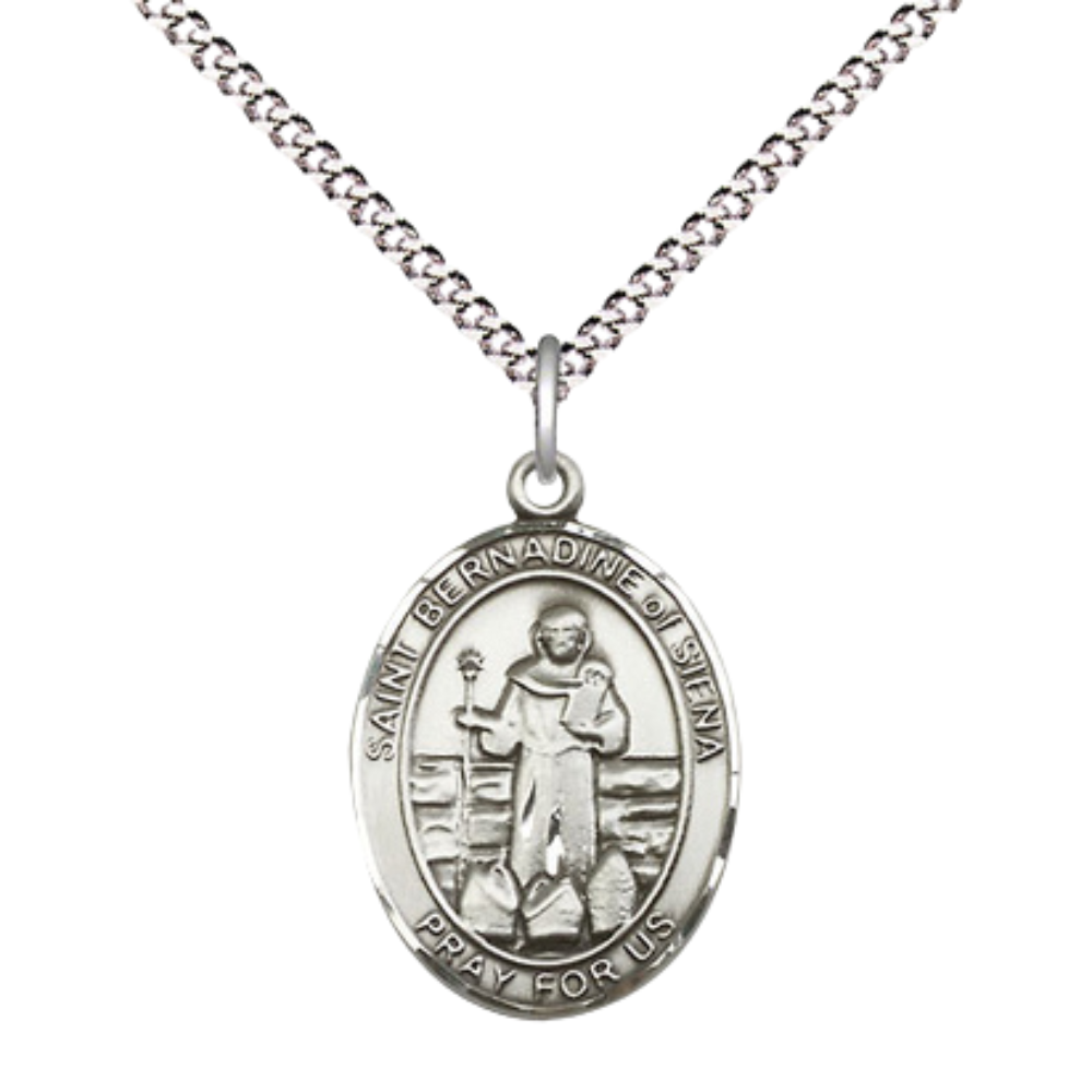 Medium Women's Pewter Saint St. Bernadine of Sienna Pendant Necklace on 18- inch Rhodium- Plated Lite Curb Brass Chain – Patron Saint St. of Advertising & Lung Problems, Catholic Medal – Velvet Gift Box Included
