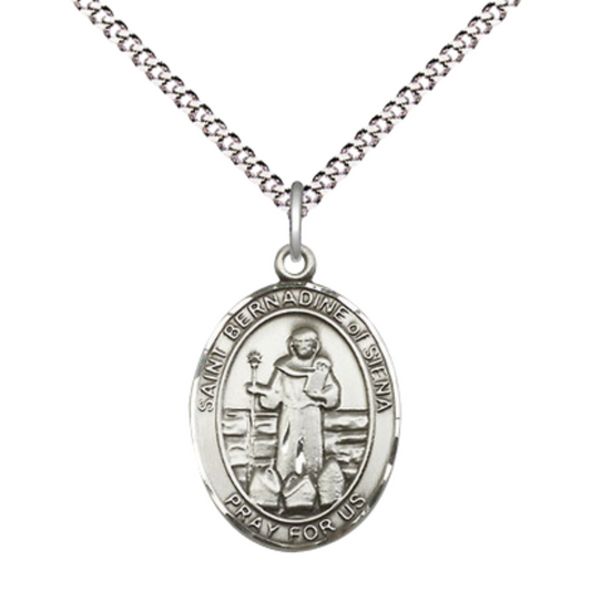 Medium Women's Pewter Saint St. Bernadine of Sienna Pendant Necklace on 18- inch Rhodium- Plated Lite Curb Brass Chain – Patron Saint St. of Advertising & Lung Problems, Catholic Medal – Velvet Gift Box Included
