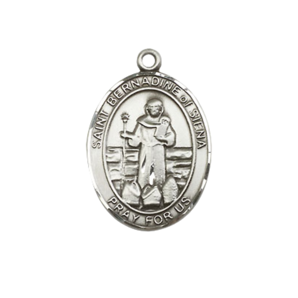 Medium Mens Oval .925 Sterling Silver Saint St. Bernadine of Sienna Medal Pendant on 24 Inch Rhodium Plated Heavy Curb Brass Chain w/ Lobster Claw Clasp, Catholic Religious Necklace - Made in USA- Gift Boxed