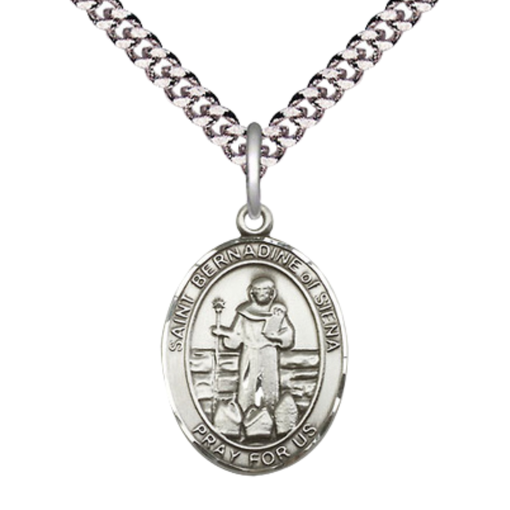 Medium Men's .925 Sterling Silver Saint Bernadine of Sienna Medal Pendant on 24 Inch Endless Rhodium Plated Heavy Curb Brass Chain, Catholic Religious Necklace -Made in USA- Deluxe Velvet Gift Box