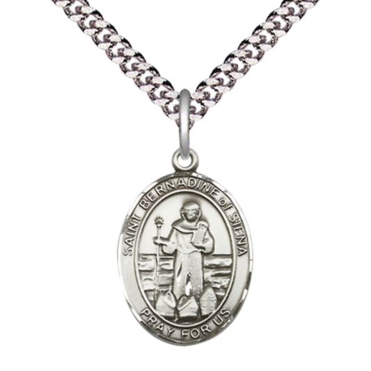 Medium Men's .925 Sterling Silver Saint Bernadine of Sienna Medal Pendant on 24 Inch Endless Rhodium Plated Heavy Curb Brass Chain, Catholic Religious Necklace -Made in USA- Deluxe Velvet Gift Box