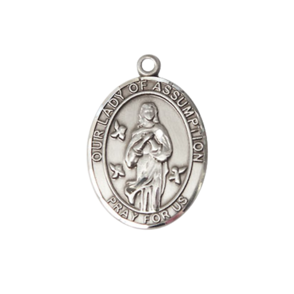 .925 Sterling Silver Our Lady of Assumption Medal Pendant on 18 Inch Rhodium Plated Lite Curb Brass Chain w/ Lobster Claw Clasp, Catholic Religious Necklace - Made in USA- Prayer Card Included