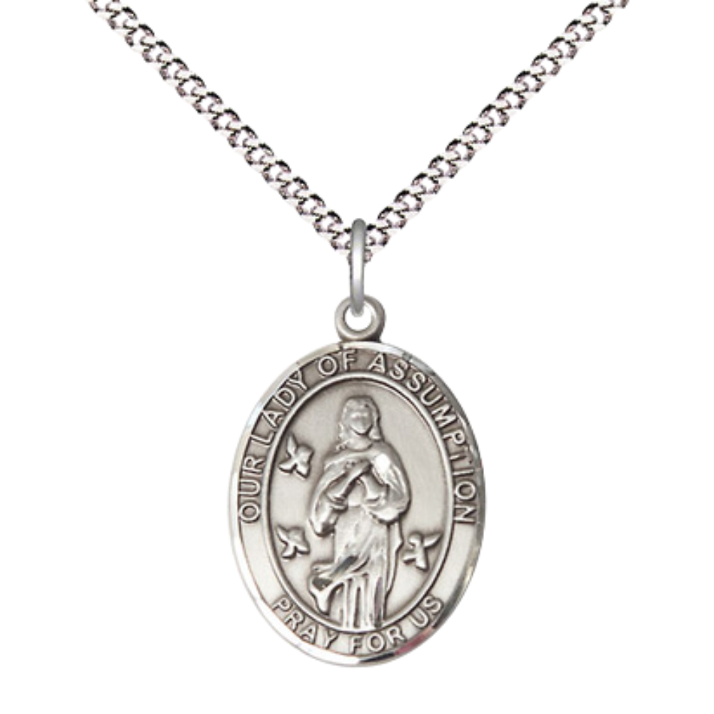 .925 Sterling Silver Our Lady of Assumption Medal Pendant on 18 Inch Rhodium Plated Lite Curb Brass Chain w/ Lobster Claw Clasp, Catholic Religious Necklace - Made in USA- Prayer Card Included