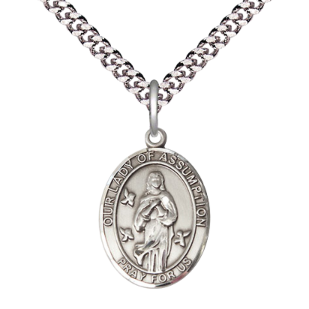 Everlasting Light Jewelry Medium Men's Pewter Our Lady of Assumption Medal Pendant on 24 Inch Endless Rhodium Plated Heavy Curb Brass Chain, Catholic Religious Necklace - Made in USA- Deluxe Velvet Gift Box
