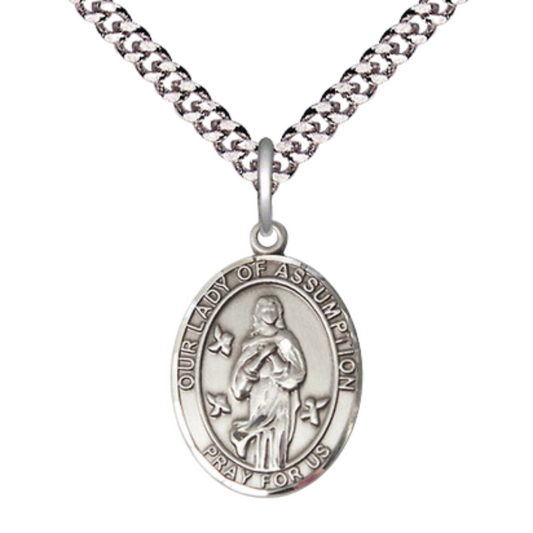 Medium .925 Sterling Silver Our Lady of Assumption Medal Pendant on 24 Inch Endless Rhodium Plated Heavy Curb Brass Chain, Catholic Religious Necklace - Made in USA- Deluxe Velvet Gift Box