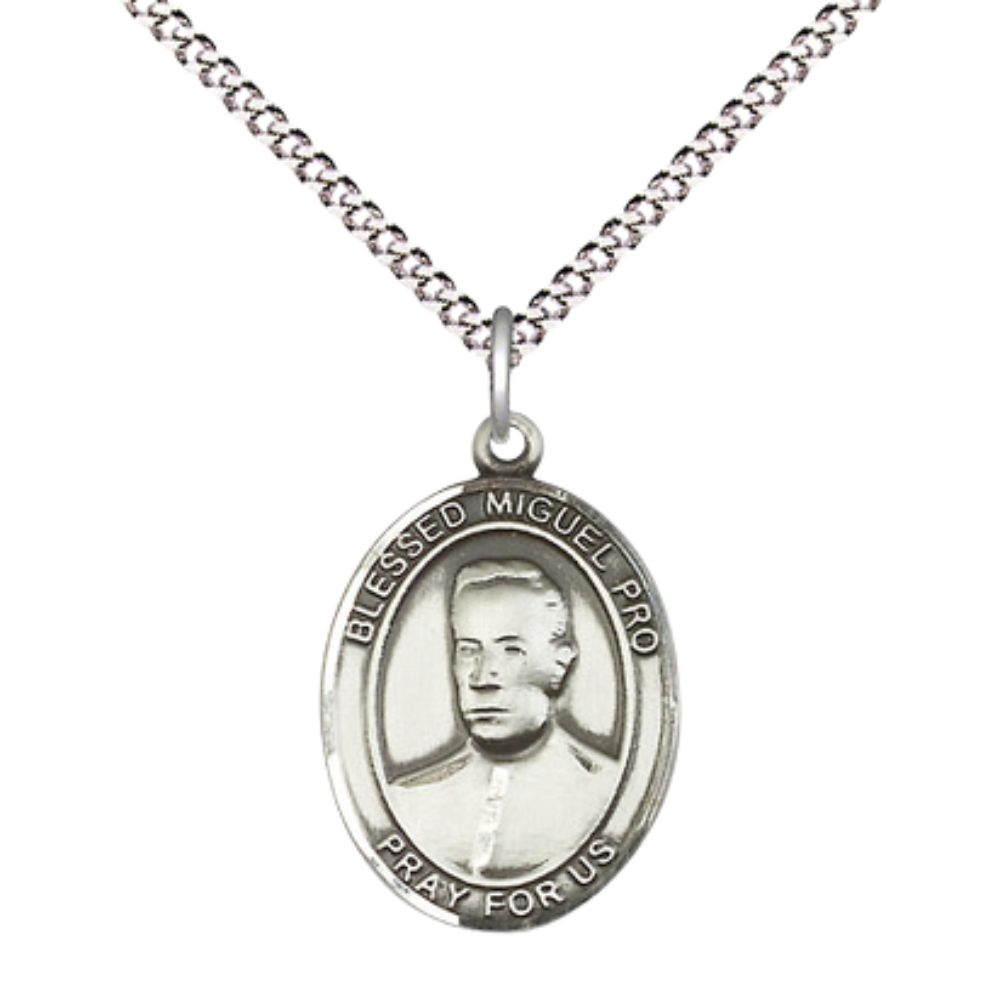 Everlasting Light Jewelry Medium Women's Pewter Blessed Miguel Pro Pendant Necklace on 18-inch Rhodium-Plated Lite Curb Brass Chain – 3/4-inch Medal with Lobster Claw Clasp – Velvet Gift Box Included