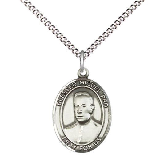 Everlasting Light Jewelry Medium Women's Pewter Blessed Miguel Pro Pendant Necklace on 18-inch Rhodium-Plated Lite Curb Brass Chain – 3/4-inch Medal with Lobster Claw Clasp – Velvet Gift Box Included