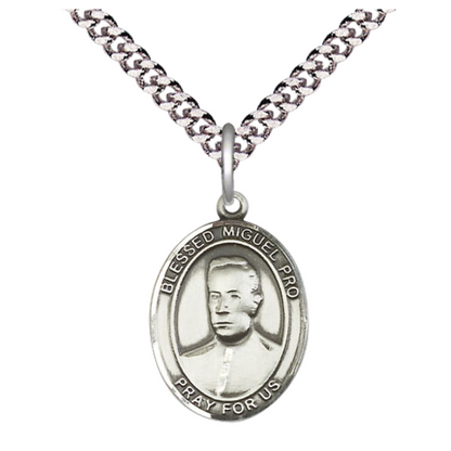 Everlasting Light Jewelry Medium Men's Pewter Blessed Miguel Pro Medal Pendant on 24 Inch Endless Rhodium Plated Heavy Curb Brass Chain,Catholic Religious Necklace -Made in USA- Deluxe Velvet Gift Box