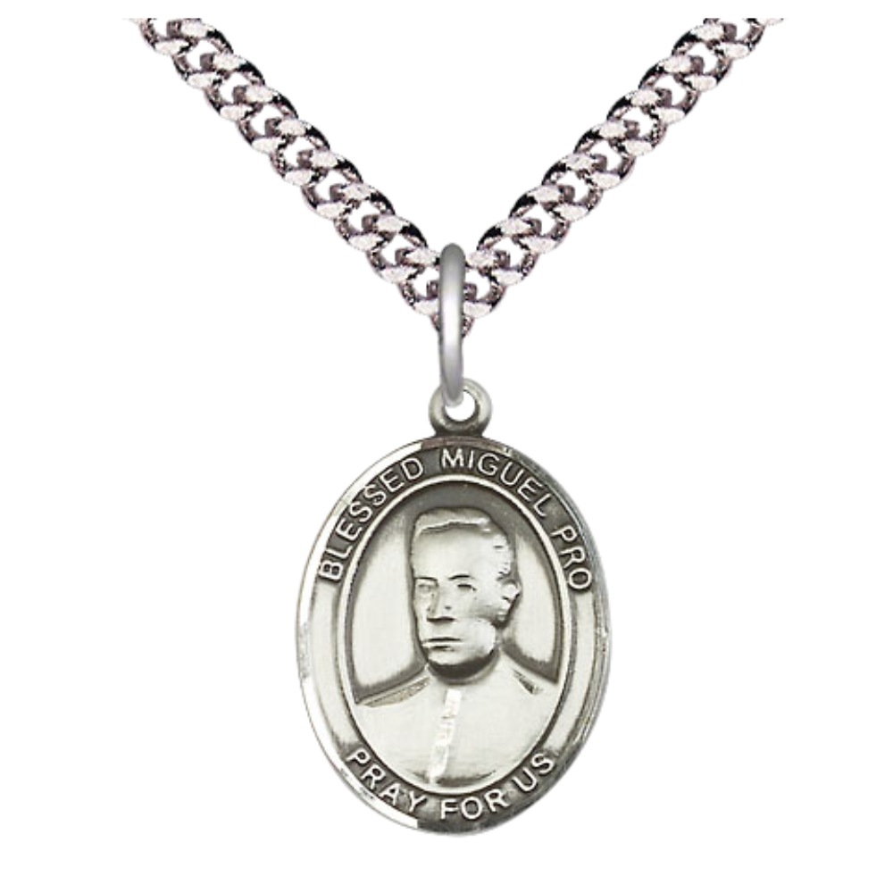 Everlasting Light Jewelry Medium Men's .925 Sterling Silver Blessed Miguel Pro Medal Pendant on 24 Inch Endless Rhodium Plated Heavy Curb Chain, Catholic Religious Necklace - Made in USA- Velvet Gift Box