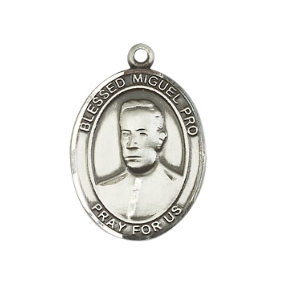 Mens Medium Oval Pewter Blessed Miguel Pro Medal Pendant on 24 Inch Rhodium Plated Heavy Curb Brass Chain w/ Lobster Claw Clasp, Catholic Religious Necklace - Made in USA- Deluxe Velvet Gift Box