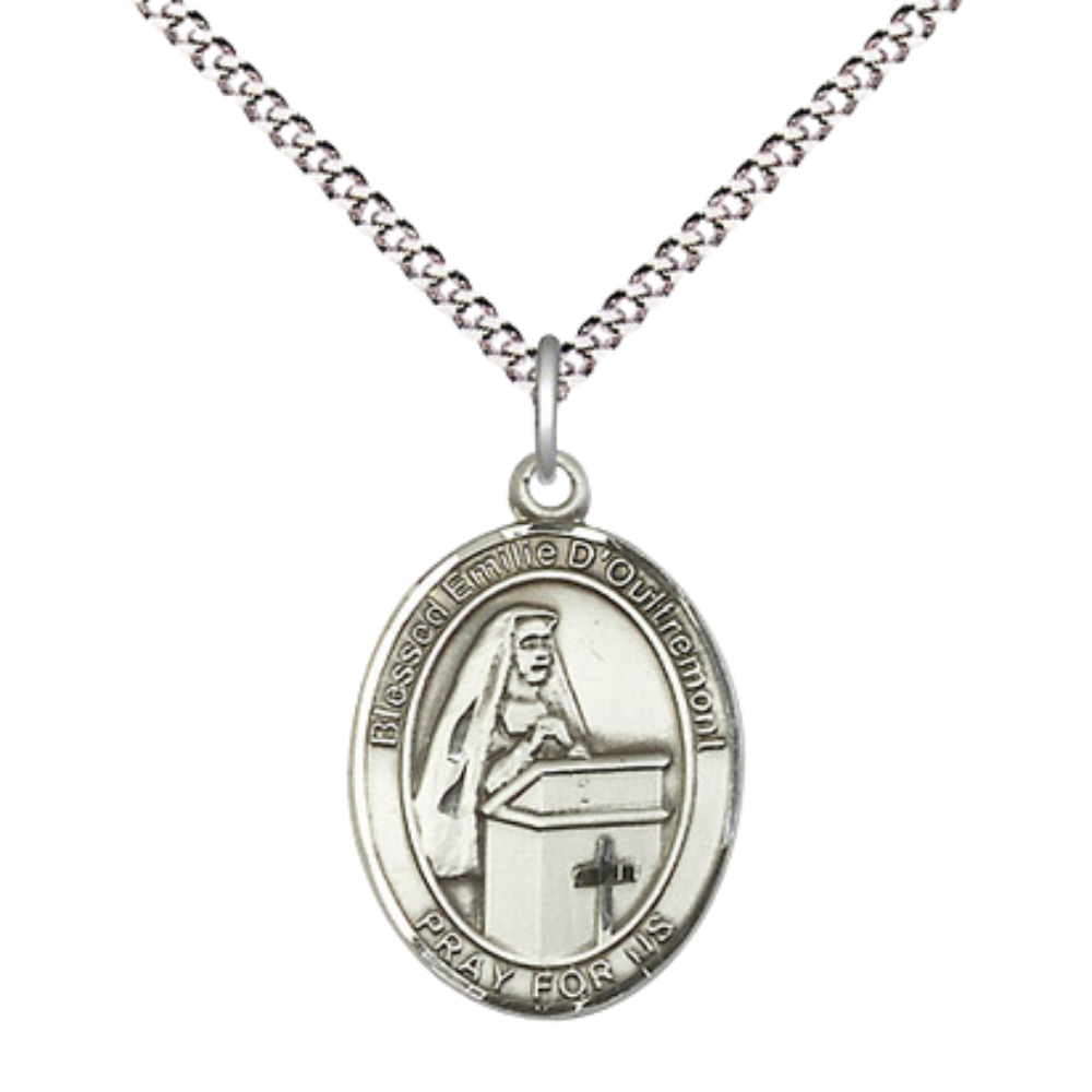 Medium Women's Pewter Blessed Emilee Doultremont Pendant Necklace on 18- inch Rhodium- Plated Lite Curb Brass Chain – 3/4- inch Medal with Lobster Claw Clasp, Catholic Medal – Velvet Gift Box Included