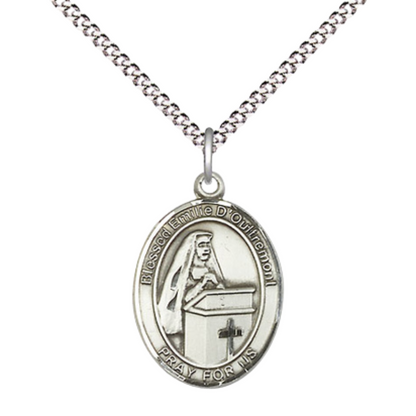 Medium Women's Pewter Blessed Emilee Doultremont Pendant Necklace on 18- inch Rhodium- Plated Lite Curb Brass Chain – 3/4- inch Medal with Lobster Claw Clasp, Catholic Medal – Velvet Gift Box Included