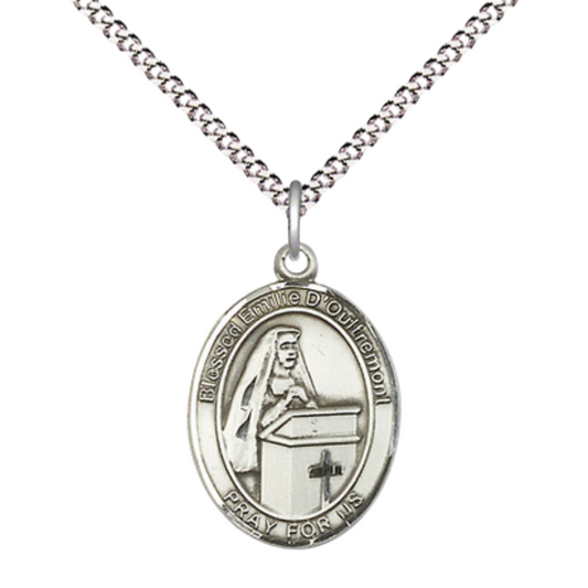 Medium Women's Pewter Blessed Emilee Doultremont Pendant Necklace on 18- inch Rhodium- Plated Lite Curb Brass Chain – 3/4- inch Medal with Lobster Claw Clasp, Catholic Medal – Velvet Gift Box Included