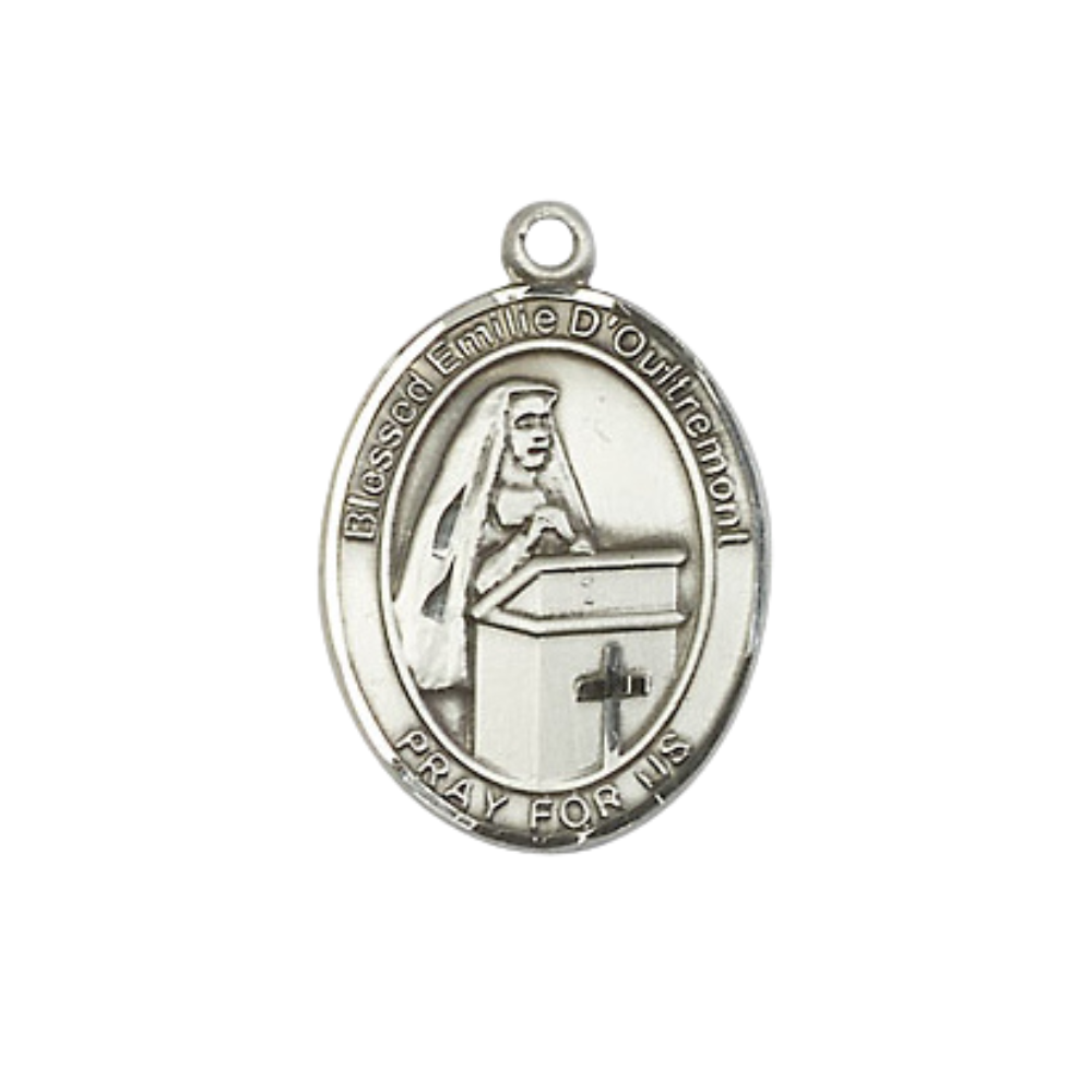 Medium Women's Pewter Blessed Emilee Doultremont Pendant Necklace on 18- inch Rhodium- Plated Lite Curb Brass Chain – 3/4- inch Medal with Lobster Claw Clasp, Catholic Medal – Velvet Gift Box Included