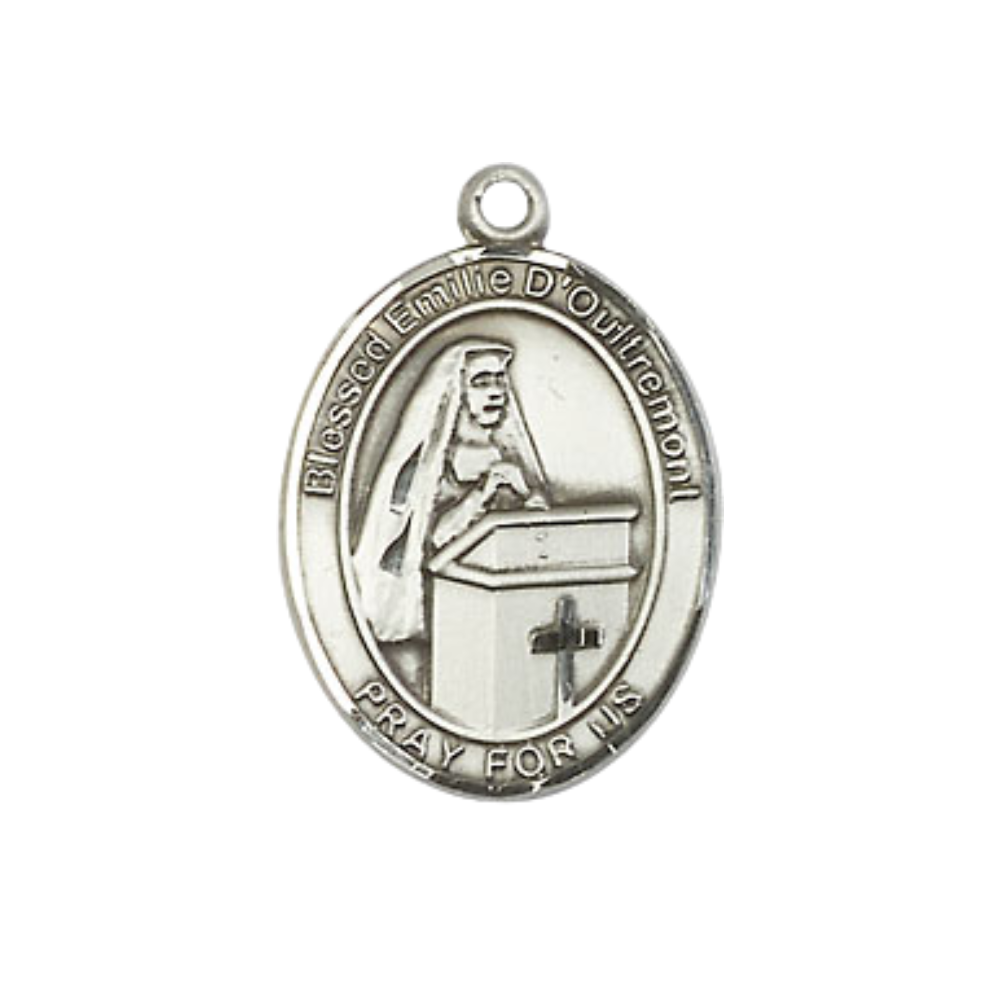 Medium Men's Pewter Blessed Emilee Doultremont Medal Pendant on 24 Inch Endless Rhodium Plated Heavy Curb Brass Chain, Catholic Religious Necklace - Made in USA- Deluxe Velvet Gift Box