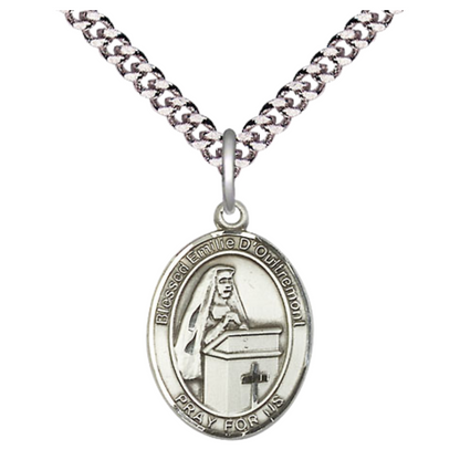 Medium Men's .925 Sterling Silver Blessed Emilee Doultremont Medal Pendant on 24 Inch Endless Rhodium Plated Heavy Curb Chain,Catholic Religious Necklace -Made in USA- Velvet Gift Box