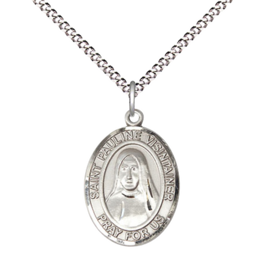 Everlasting Light Jewelry Medium Women's .925 Sterling Silver Saint St. Pauline Visintainer Pendant Necklace on 18- inch Rhodium- Plated Lite Curb Brass Chain, Catholic Medal – Velvet Gift Box Included