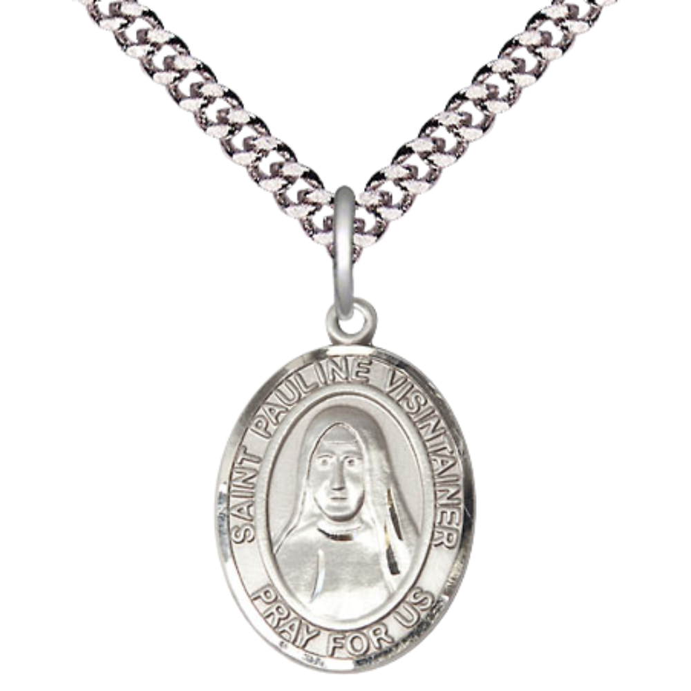 Medium Mens Oval .925 Sterling Silver Saint St. Pauline Visintainer Medal Pendant on 24 Inch Rhodium Plated Heavy Curb Brass Chain w/ Lobster Claw Clasp, Catholic Religious Necklace - Made in USA- Gift Boxed