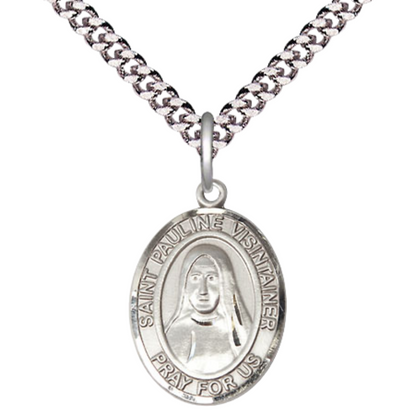 Medium Mens Oval .925 Sterling Silver Saint St. Pauline Visintainer Medal Pendant on 24 Inch Rhodium Plated Heavy Curb Brass Chain w/ Lobster Claw Clasp, Catholic Religious Necklace - Made in USA- Gift Boxed