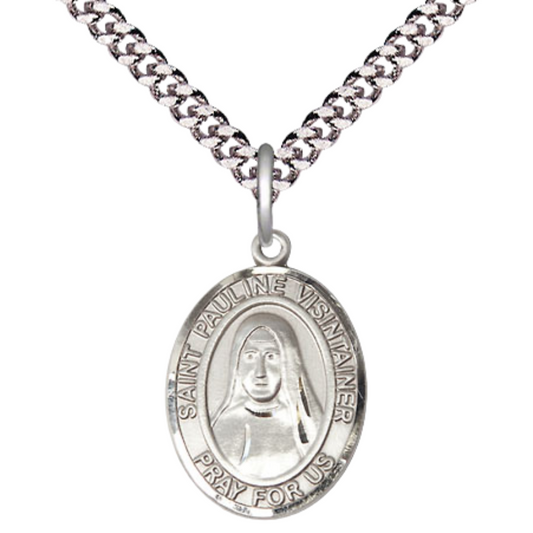 Everlasting Light Jewelry Medium Men's Pewter Patron Saint St. Pauline Visintainer Medal Pendant with 24 Inch Rhodium Plated Heavy Curb Chain Catholic Religious Necklace - Made in USA, Deluxe Velvet Gift Box