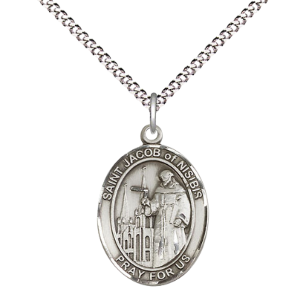 Everlasting Light Jewelry Medium Women's Pewter Saint St. Jacob of Nisibis Pendant Necklace on 18- inch Rhodium- Plated Lite Curb Brass Chain – 3/4- inch Medal with Lobster Claw Clasp, Catholic Medal – Velvet Gift Box Included