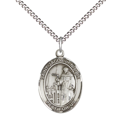 Everlasting Light Jewelry Medium Women's .925 Sterling Silver Saint St. Jacob of Nisibis Pendant Necklace on 18- inch Rhodium- Plated Lite Curb Brass Chain, Catholic Medal – Velvet Gift Box Included