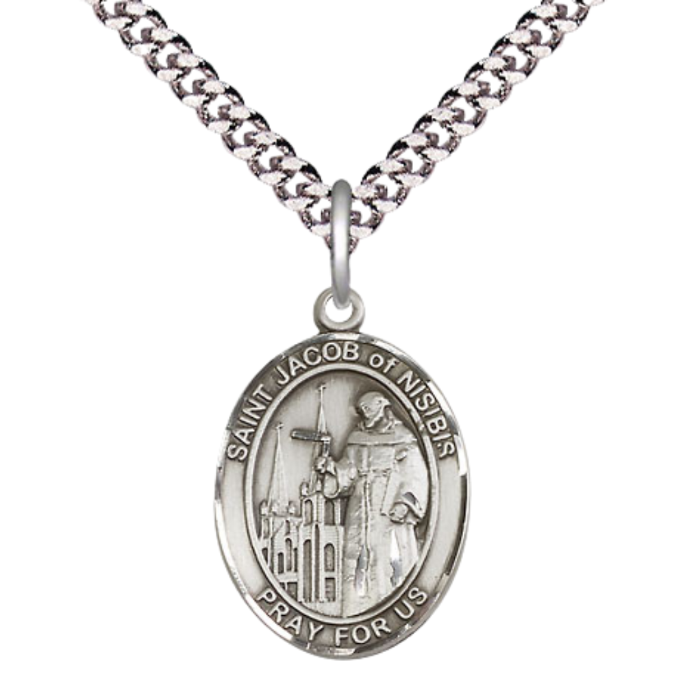 Medium Men's Pewter Saint St. Jacob of Nisibis Medal Pendant on 24 Inch Endless Rhodium Plated Heavy Curb Brass Chain, Catholic Religious Necklace - Made in USA- Deluxe Velvet Gift Box
