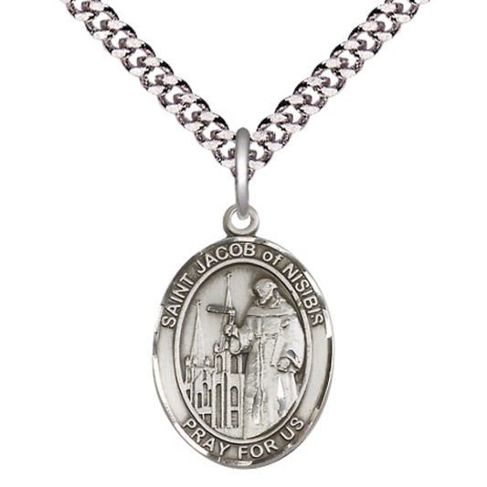 Medium Men's .925 Sterling Silver Saint St. Jacob of Nisibis Medal Pendant on 24 Inch Endless Rhodium Plated Heavy Curb Brass Chain, Catholic Religious Necklace - Made in USA- Deluxe Velvet Gift Box