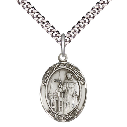 Mens Medium Oval Pewter Saint St. Jacob of Nisibis Medal Pendant on 24 Inch Rhodium Plated Heavy Curb Brass Chain w/ Lobster Claw Clasp, Catholic Religious Necklace - Made in USA- Velvet Gift Box