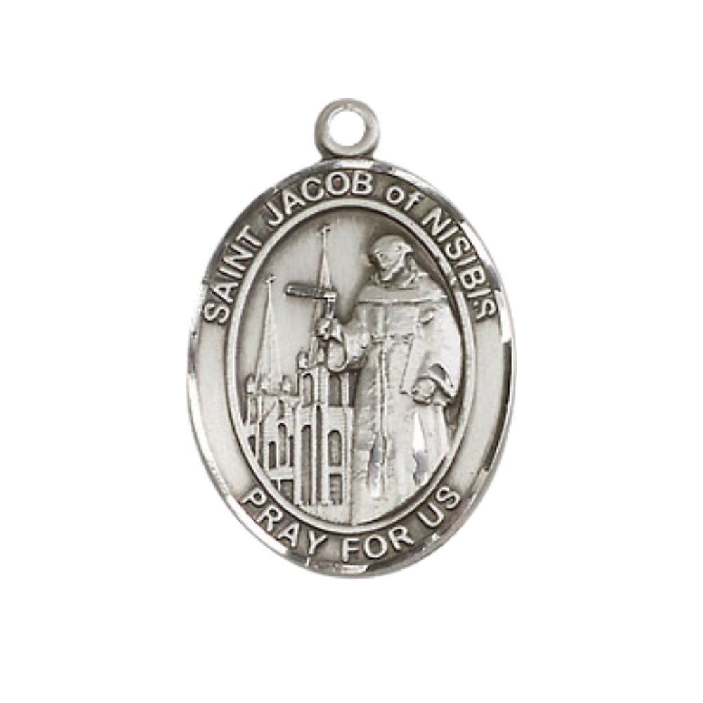 Medium Mens Oval .925 Sterling Silver Saint St. Jacob of Nisibis Medal Pendant on 24 Inch Rhodium Plated Heavy Curb Brass Chain w/ Lobster Claw Clasp, Catholic Religious Necklace - Made in USA- Velvet Gift Box