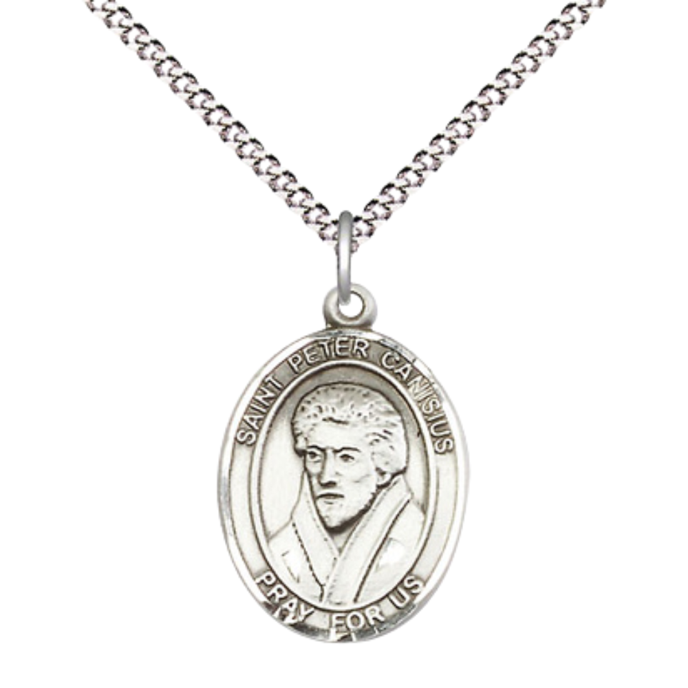 Everlasting Light Jewelry Medium Women's .925 Sterling Silver Saint St. Peter Canisius Pendant Necklace on 18- inch Rhodium- Plated Lite Curb Brass Chain, Catholic Medal – Velvet Gift Box Included