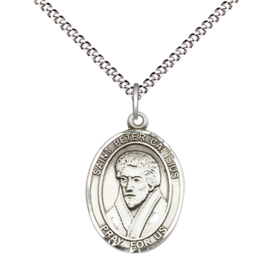 Everlasting Light Jewelry Medium Women's .925 Sterling Silver Saint St. Peter Canisius Pendant Necklace on 18- inch Rhodium- Plated Lite Curb Brass Chain, Catholic Medal – Velvet Gift Box Included