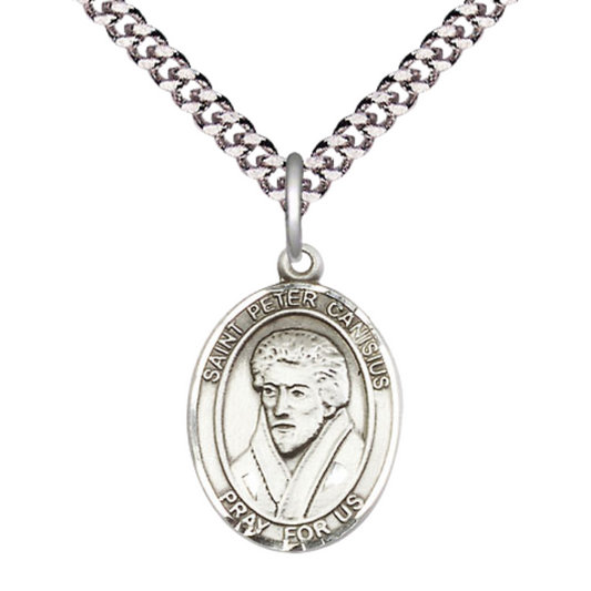Medium Men's .925 Sterling Silver Saint St. Peter Canisius Medal Pendant on 24 Inch Endless Rhodium Plated Heavy Curb Brass Chain, Catholic Religious Necklace - Made in USA- Deluxe Velvet Gift Box