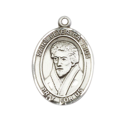 Medium Men's .925 Sterling Silver Saint St. Peter Canisius Medal Pendant on 24 Inch Endless Rhodium Plated Heavy Curb Brass Chain, Catholic Religious Necklace - Made in USA- Deluxe Velvet Gift Box